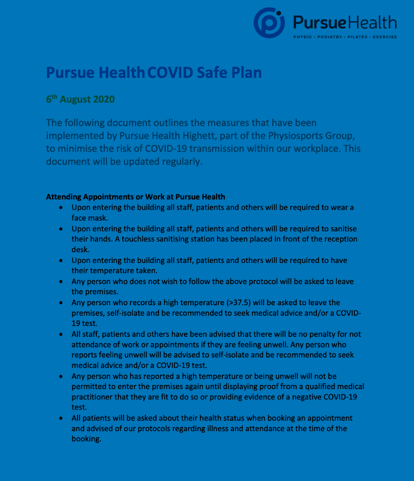 Pursue Health COVID Safe Plan | Pursue Health